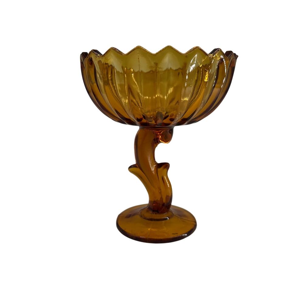 Amber Glass Pedestal Compote Candy Dish Scalloped Bowl Footed Centerpiece